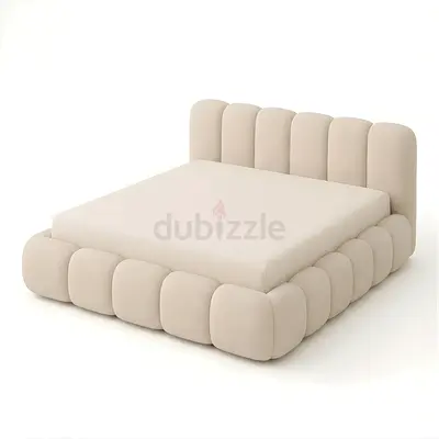 Beige Plush Upholstered Double Bed with Padded Headboard
