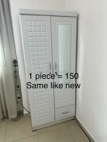White 2-Door Wardrobe with Mirror - Good Condition (4 pieces = 500)