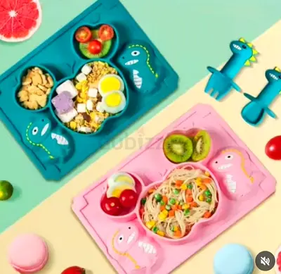 Silicone Divided Baby Plate with Cute Dinosaur Design - Pink/Blue