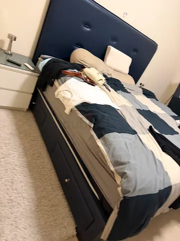 Dark blue upholstered storage bed with drawers - King/Queen (needs mattress cover)