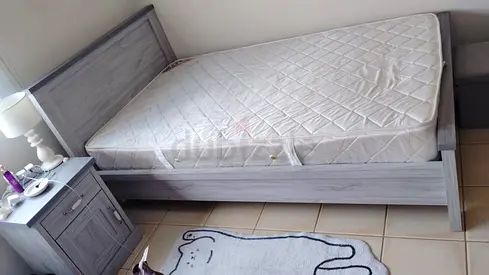 Single bed frame with mattress and matching bedside table - light grey wood finish