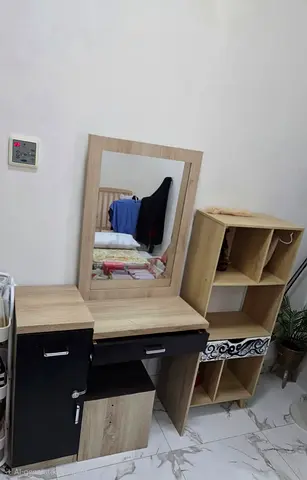 Wooden Dressing Table with Mirror and Open Shelves - Light Oak