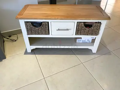 White wooden storage bench and TV table