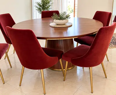 Round Wooden Dining Table with 6 Burgundy Velvet Chairs