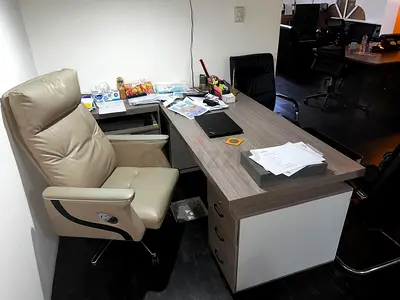 Executive L-shaped Office Desk with Leather Swivel Chair - Good Condition