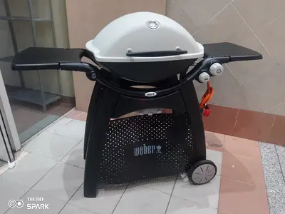 Weber Q 3200 Gas Grill Weber Family Q 3200) with a permanent cart, side-folding tables, a titanium