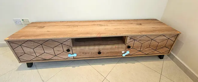 Low wooden TV unit / entertainment cabinet with geometric doors