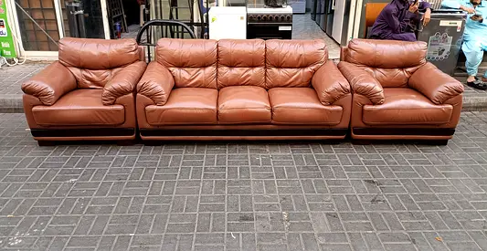 3-seater leather sofa with two matching armchairs - brown set