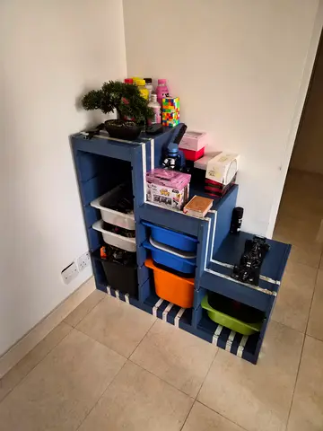 Modular Blue Storage Shelves with Bins - Good Condition