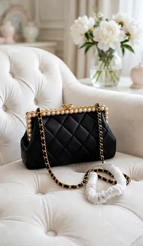Black Quilted Chain-Handle Shoulder Bag with Pearl Frame