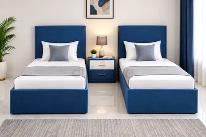 single beds with headboards in blue fabric - set of 2