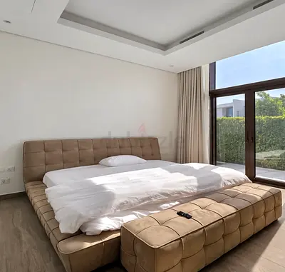Brand new King-size tufted beige suede bed with new mattress and matching bench.