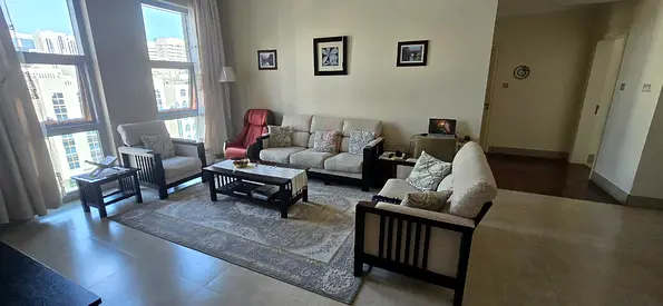 Light beige 3-seater sofa set with armchairs and coffee table - excellent condition.
