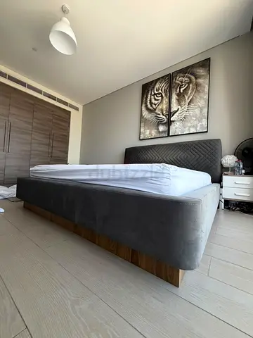 King Bed Frame - Grey Velvet, Quilted Headboard, Wood Base