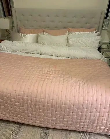 Super king bed with long tufted upholstered headboard mattress included very light usage