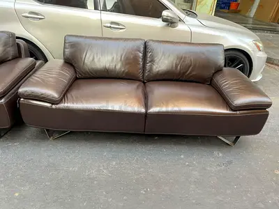 Brown Leather 3+2 Seater Sofa with Metal Legs - Good Condition
