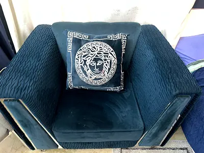 Versace Single deep blue velvet armchair with textured sides