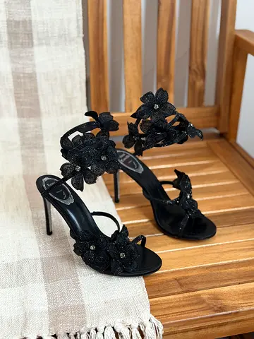 Black floral high-heel sandals with bead detailing - size unknown