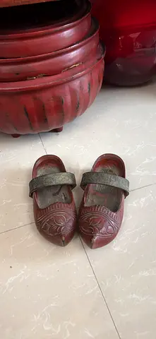 Pair of vintage carved wooden ceremonial shoes (small) - red lacquered
