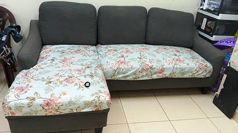 3-seater L-shaped grey fabric sofa with chaise (good condition) sofa cum bed