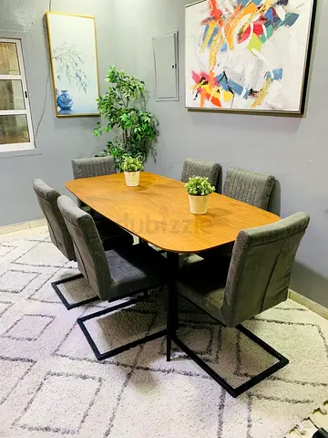 Wooden Dining Table with 6 Grey Upholstered Chairs - Modern Set