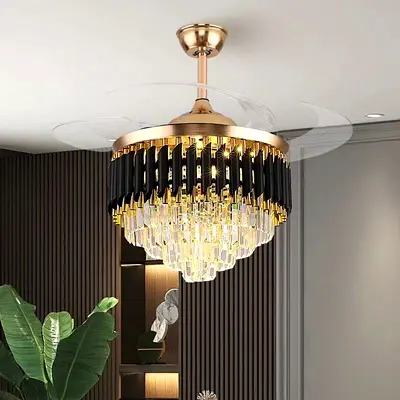 Ceiling chandelier with hidden retractable fan blades — modern crystal design