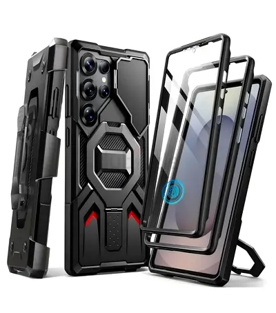 S25 Ultra Rugged Full-Body Phone Case with Screen Protector and Belt Clip (Black)