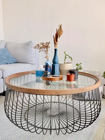 Modern Round Glass & Wood Coffee Table