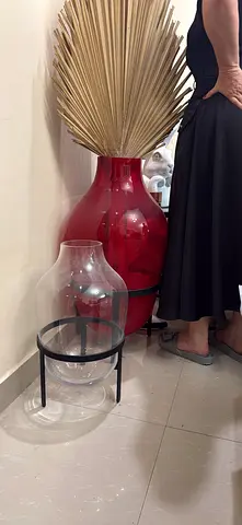 2 Large Decorative Red Floor Vase with Glass Hurricane & Stand