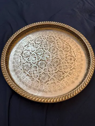 Vintage Brass Decorative Tray with Intricate Middle Eastern Engraving