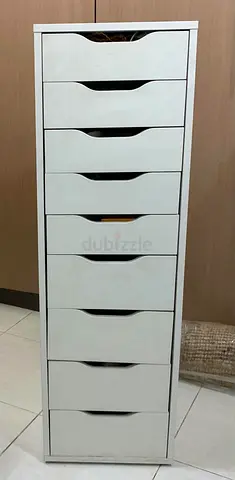 Tall white 9-drawer narrow storage cabinet / dresser - good condition