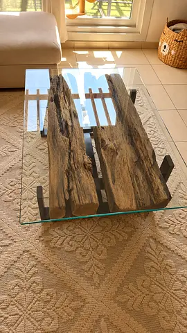 Glass top wooden coffee table with metal legs - good condition