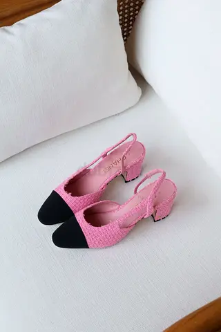 Pink tweed slingback heels with black cap toe - size unknown