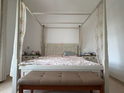 White four-poster king bed with bench — good condition,two nightstands, one dressing table