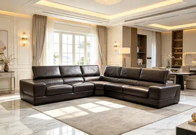 Italian Brown Leather L-shaped Sectional Sofa - Good Condition