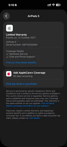 Apple AirPods 5 (Showing Warranty Info) - brand new condition sealed pack