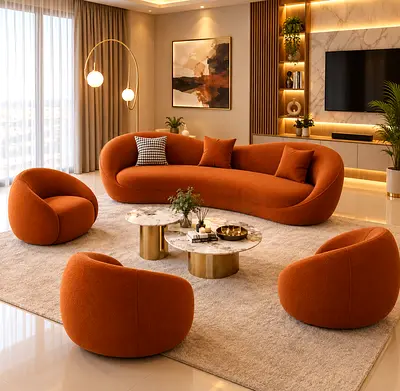Brand new Modern Curved Orange 4-Seater Sofa Set with Accent Chairs