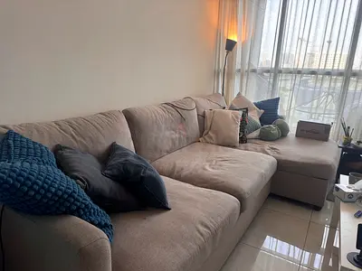 Beige L-shaped Fabric Sofa with Chaise - Good Condition