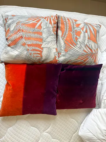 Set of 4 decorative throw cushions - orange leaf print & velvet ombre