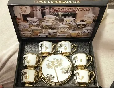 New Cups & Saucers Set — Gold Palm Design