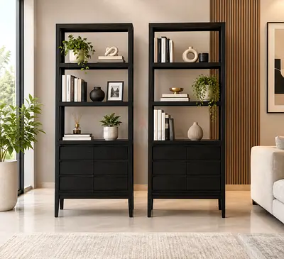Crate and Barrel Pair of Black Wooden Bookcases with Drawers - Modern Shelving Units