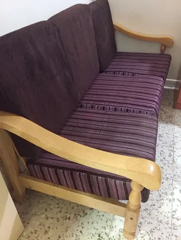 Wooden Frame 3-Seater Sofa with Purple Cushions