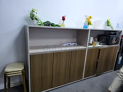 Wooden storage cabinet with open shelf and double doors - Excellent Condition