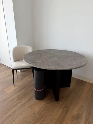 Round Grey Stone Dining Table + 2 Upholstered Chairs