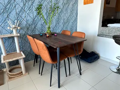 Wooden Dining Table with 4 Leather Chairs - Modern Set