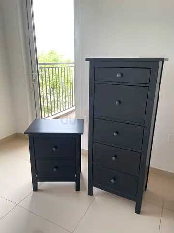 IKEA HEMNES set: two-drawer wooden bedside table/nightstand + HEMNES chest of drawers - black brown