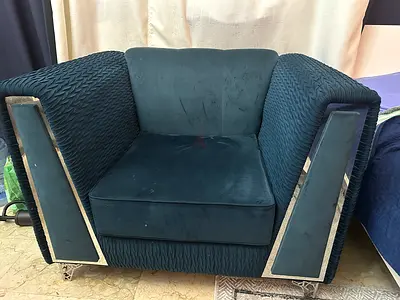Versace Single deep blue velvet armchair with textured sides