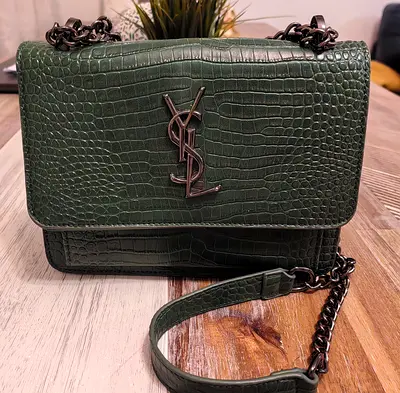 Dark Green Croc-Embossed YSL Shoulder Bag with Chain Strap