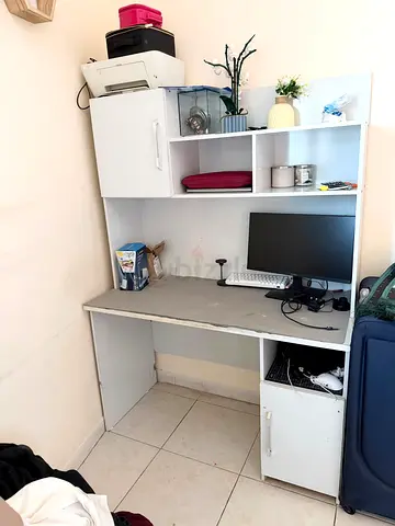 White computer desk with overhead shelves and cabinets - used