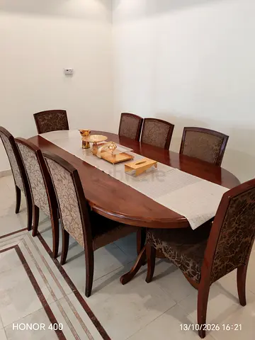 Solid Wood 8-Seater Dining Table with Upholstered Chairs